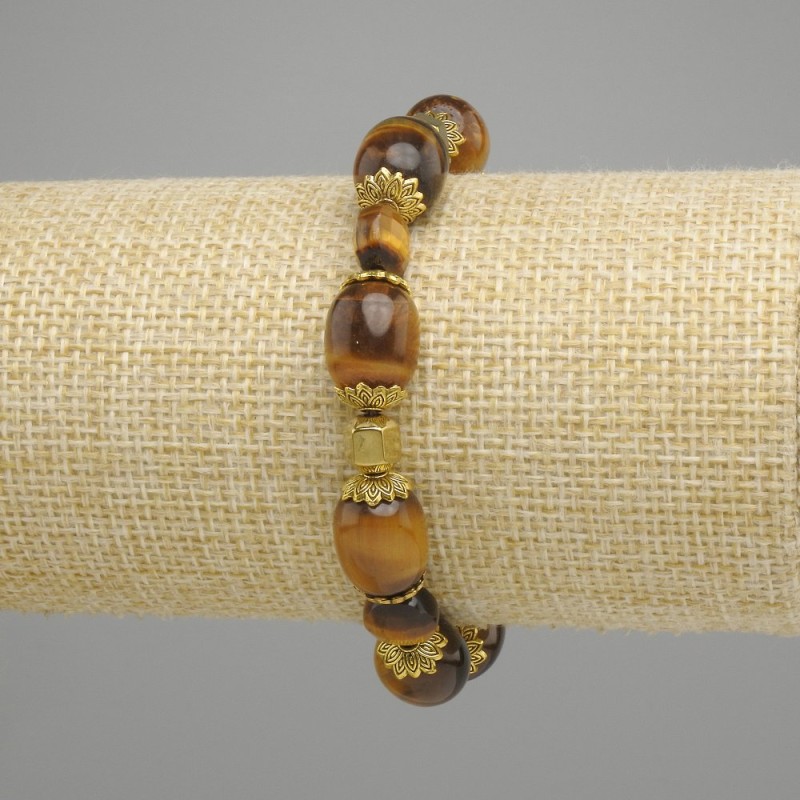 Tiger’s Eye Bracelet Bead Bar, 14×10mm+, faceted coin, 8mm with metal accents, length 18cm+ stretchy