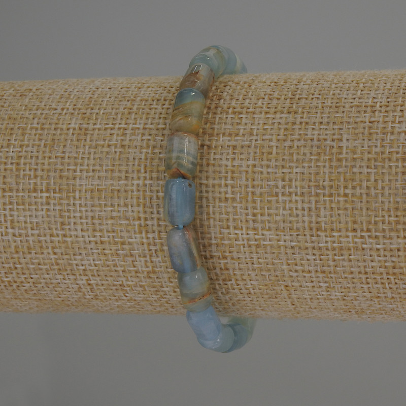 Blue Calcite Bracelet Cylindrical Beads, 9×6 mm diameter, total length 7.1 in (18 cm) stretch