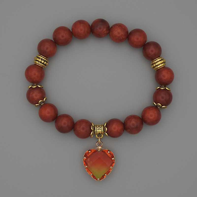 Red Jasper Smooth Round Bead Bracelet, 10mm diameter, with metal inserts, length 18cm, stretch
