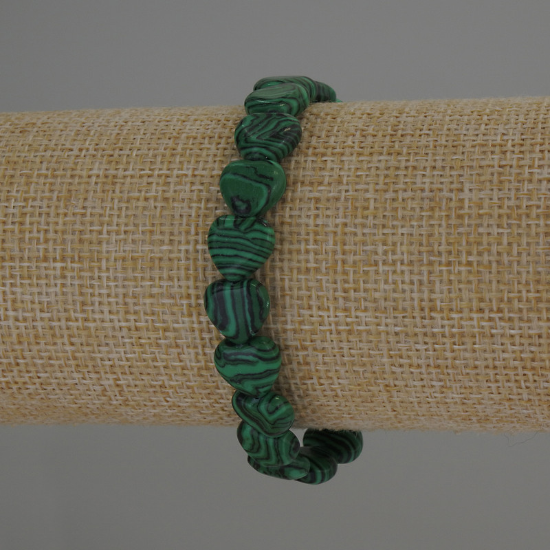 Malachite Heart Bracelet, 10x10mm diameter hearts, 18cm length stretch