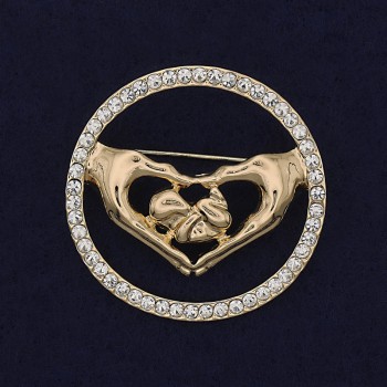  Brooch Heart with White Crystals, Golden Metal 38mm+