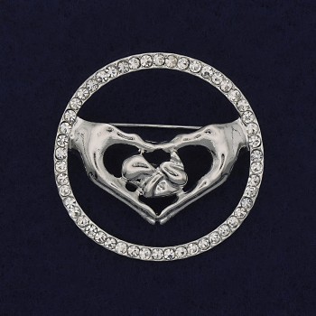 Brooch Heart with White Rhinestones Silver-Tone 38mm+