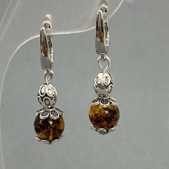 Amber Bead Earrings, ball shape, 8mm± diameter, 35mm± length