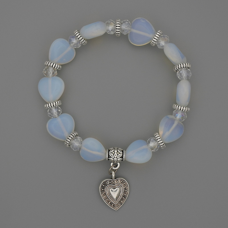 Moonstone Heart Bracelet, 12x12mm+- round, with metal inlays, 18cm length, stretch