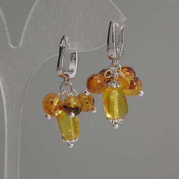 Amber Bead Earrings, round bead 6mm± and faceted drop 14×7mm±, length 35mm±