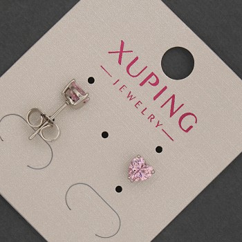 Earrings studs Xuping heart with pink crystal, diameter 5mm± rhodium