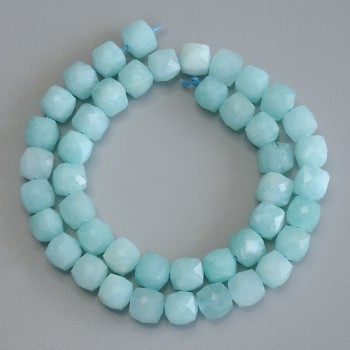 Aquamarine Beads faceted cube, 9x9 mm diameter, 37 in length ± on thread
