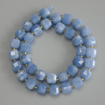 Aquamarine Beads Faceted Cube 8.5 mm x 8.5 mm, 5x8.5 mm ± with 3 mm+ seed beads, thread length 37 cm ±
