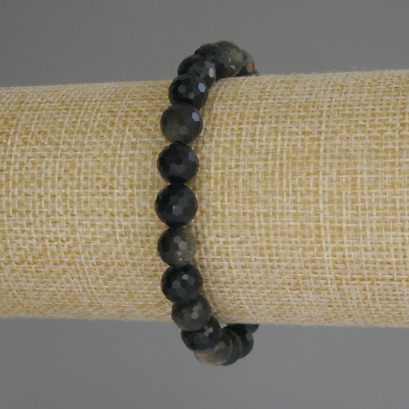 Bracelet Sunstone Obsidian Natural Stone Bead Faceted Sphere, diameter 8mm±, length 18cm (stretch)
