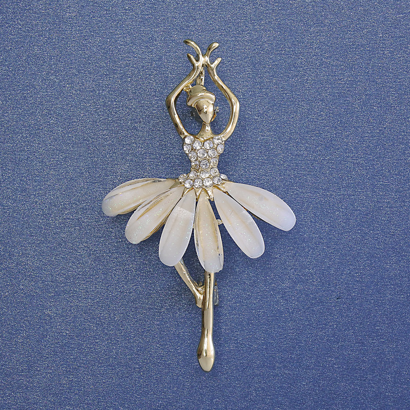 Brooch Pendant Ballet Dancer with White Crystals on Gold-Tone Metal 50x28mm