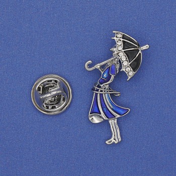 Brooch 'Girl with an Umbrella' with white crystals blue enamel gold-toned metal 32x16mm+