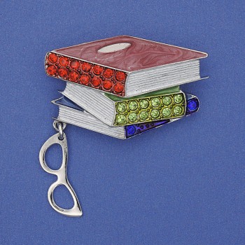 Brooch 'Books with Glasses' with colored enamel and crystals, silver metal 45x28x48mm+