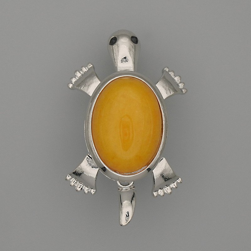 Brooch Pendant Turtle Amber artificial 52x35mm± movable parts silver metal