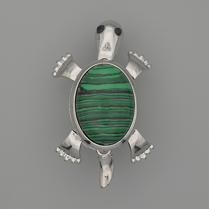 Brooch Pendant Turtle Malachite 52x35mm+- movable parts silver metal
