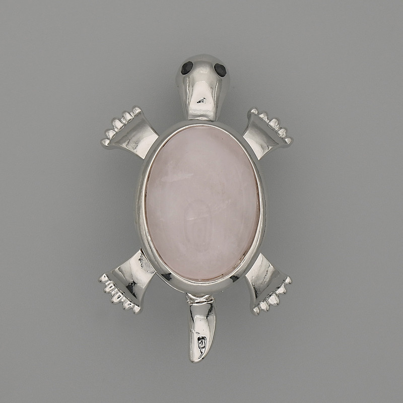 Brooch-Pendant Turtle Pink Quartz 52x35mm± movable parts, silver metal