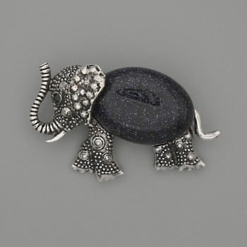 Brooch Pendant Elephant Aventurine Night of Cairo 45×27mm± black rhinestones silver metal