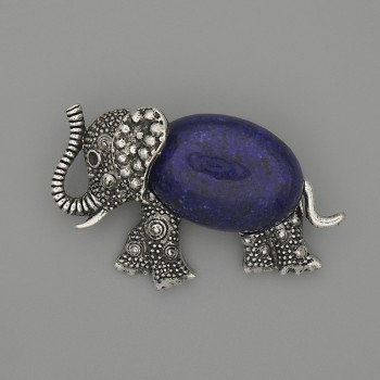 Brooch Pendant Elephant Lazurite 45x27mm± Black Onyx Silver Metal