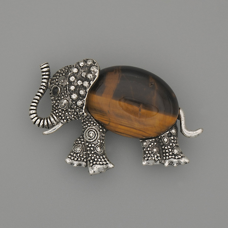 Brooch Pendant Elephant Tiger's Eye 45×27mm+- black links silver metal