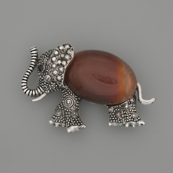 Brooch Pendant Elephant Cornelian 45x27mm± black onyx beads silver metal