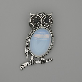 Brooch Pendant Owl with Moonstone 45x25mm± black facets silver metal