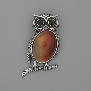 Brooch Pendant Owl Coralstone 45x25mm± black with silver metal