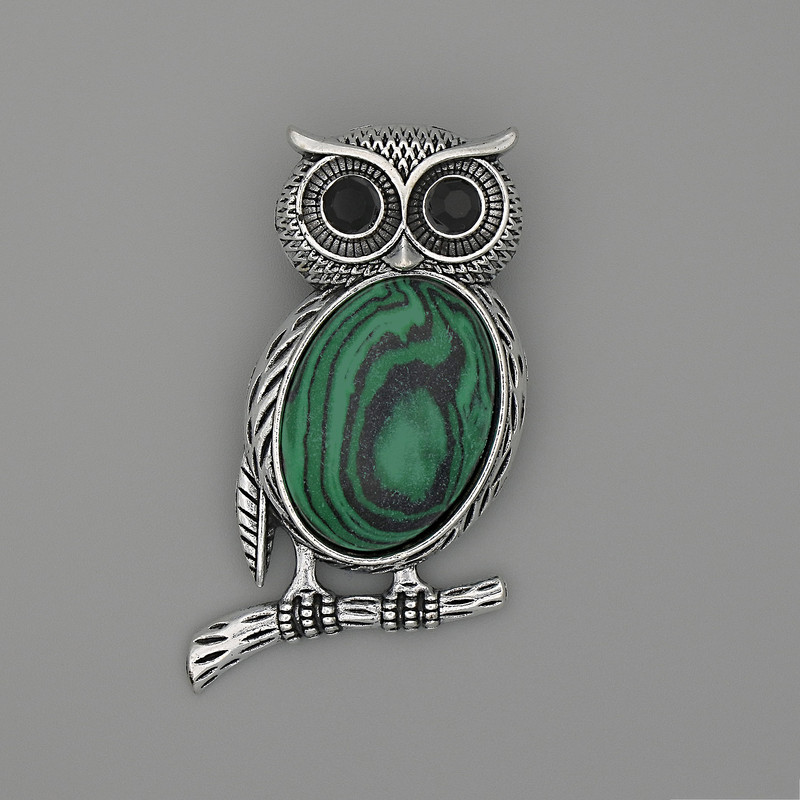 Brooch Pendant Owl Malachite 45x25mm+- dark facets silver metal