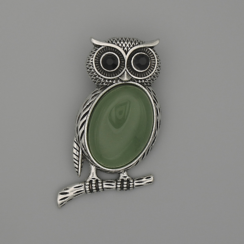 Brooch Pendant Owl Jade 45x25mm± black Crystalized silver metal