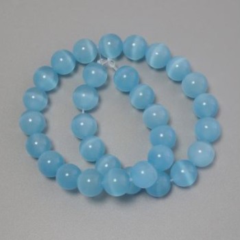 Cat's Eye Beads Blue Synthetic Stone Smooth Sphere, diameter 11.5mm± on fishing line, length 37cm+