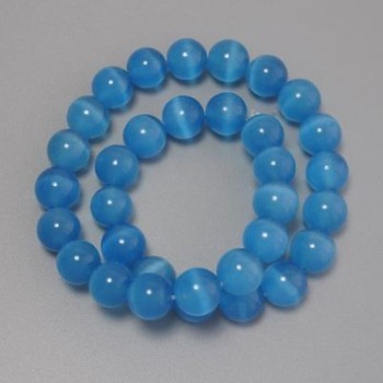 Cat's Eye Beads Blue Synthetic Stone Smooth Round Bead, diameter 11.5mm± on fishing line, length 37cm+