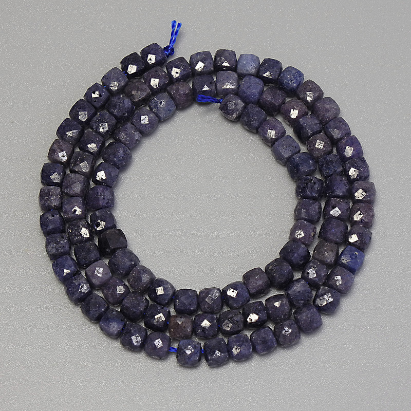 Sapphire Beads, Faceted Cube, 4 mm± Diameter, on Thread, 39 cm+ Length