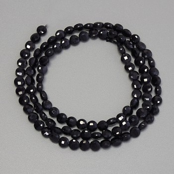 Black Tourmaline Beads, Faceted Coin Shape, 4mm diameter ± on a thread, 39cm length +