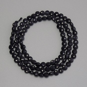 Black tourmaline beads, faceted coin-shaped, 4mm diameter ±, 39cm long on a thread