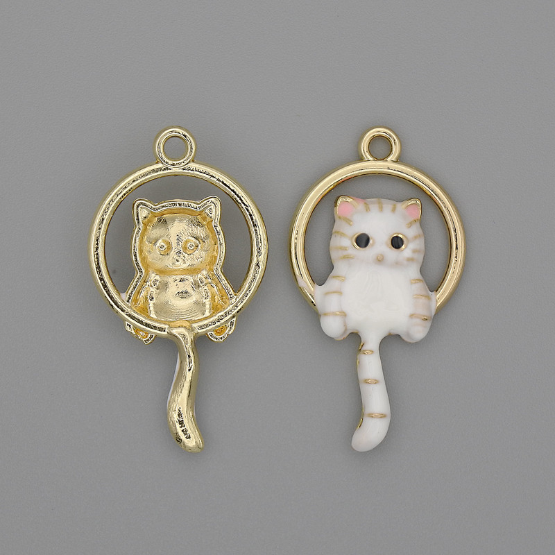 Pendant Charm Cat White Enamel Gold-Tone Metal, 15x27mm±, Pack of 2