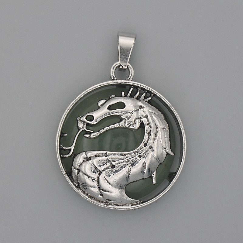Dragon in Circle Jade Pendant, Jade diameter 28mm±, length 38mm±, silver metal