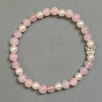 Bracelet Pink Quartz and Pearls (per piece) smooth bead 6mm+ with metal insert, length 18cm+ stretch