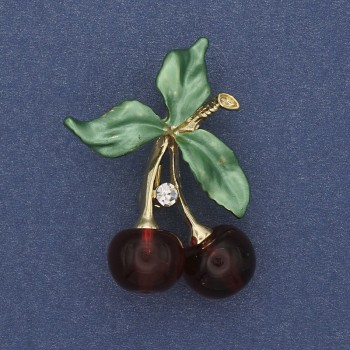 Brooch 'Cherries' green enamel with white crystals on gold-toned metal 39x28mm+