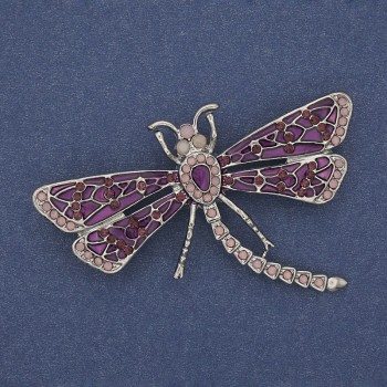 Brooch 'Butterfly' with purple enamel and pink crystals, silver metal 57x39mm+