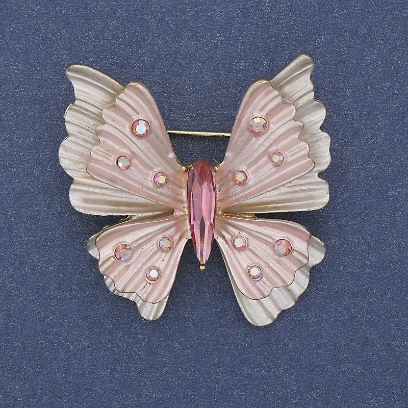 Brooch Pendant Butterfly White and Pink Enamel with Rainbow Rhinestones on Gold-tone Metal 39x42mm