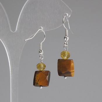 Earrings Tiger Eye Faceted Square 10x10mm +- Czech Glass Rondelle 6x5mm +-, length 37mm +