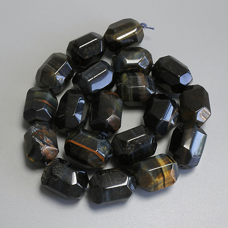 Beads Hawk's Eye and Tiger's Eye Multisided, diameter 20-21×15mm ± on thread, length 39cm+