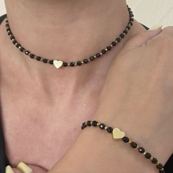  jewelry set "Heart" choker and bracelet with black agate and golden hematite, adjustable size