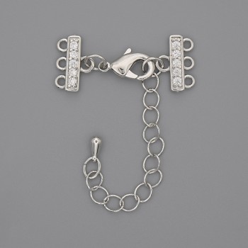 Bracelet and bead clasp for 3 strands with rhinestones and extender chain, silver metal, diameter 7x12mm±, length 3cm±