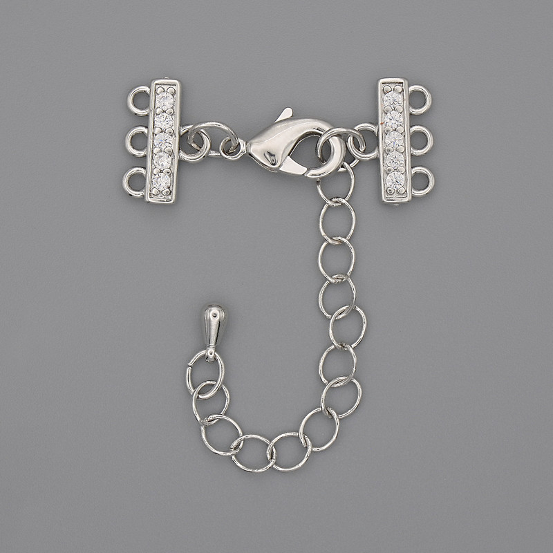 Bracelet and bead clasp for 3 strands with rhinestones and extender chain, silver metal, diameter 7x12mm±, length 3cm±