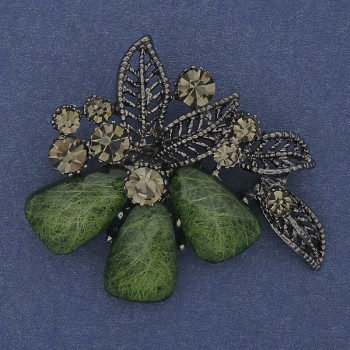 Accent Brooch Pendant with Green Aquarium Effect, Grey Crystals, Silver Metal 43x48mm+