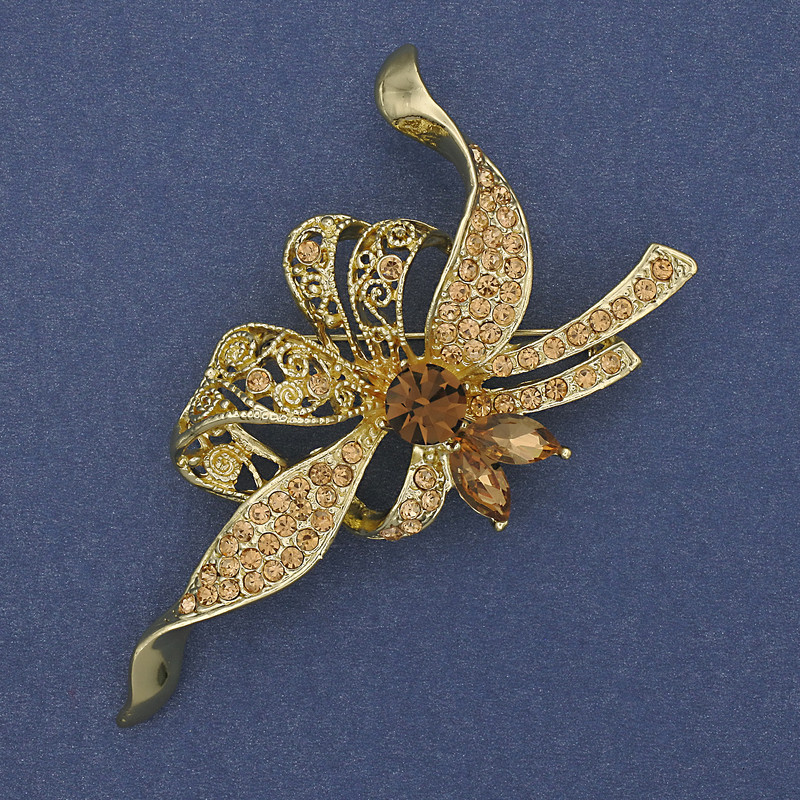Brooch 'Bow' with Yellow Crystals on Gold-Toned Metal, 72×43 mm +