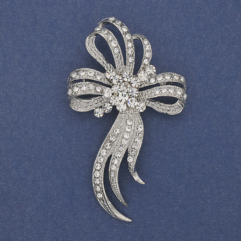 Brooch 'Bow' with White Crystals Silver Metal, diameter 72x43mm +