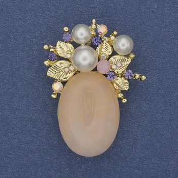 Accent Brooch Pendant with Pink Quartz and Crystals Pearls (single) Gold-toned metal 40x30mm+