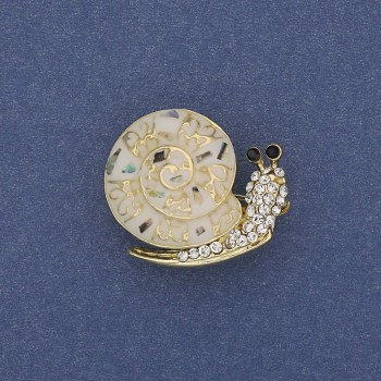 Brooch 'Snail' with chalcedony and white crystals, metal color gold, 20x26mm+