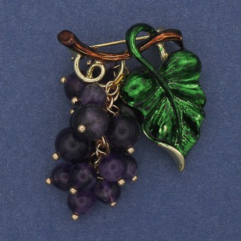 Brooch Pendant Grapes with Amethyst Beads and Green Enamel, Gold-Tone Metal 36x40mm