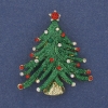 Brooch Pendant Christmas Tree Green Enamel with Rhinestones Gold-Tone Metal 43x37mm +